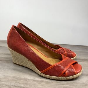 Nurture Shoes Womens 9.5 M Antonia Espadrilles Red Leather Peep Toe Wedge